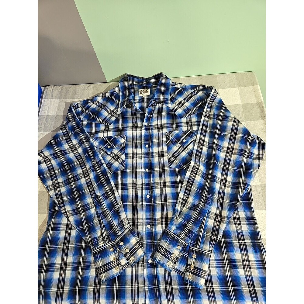 Ely Cattleman XL Blue Plaid Western Shirt Long Sleeve‎ Cowboy Ranch Rodeo